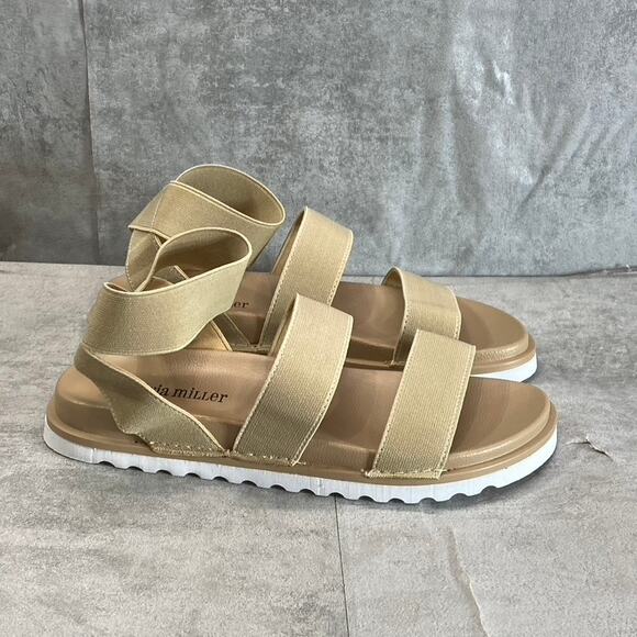 OLIVIA MILLER Women's Tan Nicola Round-Toe Stretchy Straps Slip-On Flat Sandals - Picture 1 of 10